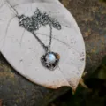Vintage oxidierte Silber Zweig Blatt Halskette mit natürlichem bunten Mondstein Anhänger - Anhänger Mit Kette