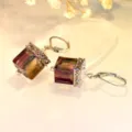 Pendientes de cubo de cristal con estrás de moda, elegantes pendientes colgantes vintage mujer. - Estilo Gancho con Poste de Plata / Champán