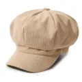 Khaki corduroy newsboy cap for women, vintage octagonal painter hat, spring autumn visor hat. - M (56-58cm) / Beige