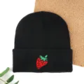Black winter knitted beanie hat with cute strawberry embroidery for warm and cozy daily wear style. - Cooling Cap with Strawberry Embroidery - Black