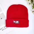 Red knit beanie for women men winter warm cuffed hat with cute pink axolotl embroidery. - Red