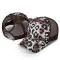 Leopard print mesh baseball cap with ponytail hole, stylish outdoor sports curved brim hat. - One Size Adjustable / Brown