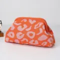 Orange knit clutch bag with pink pattern, stylish casual cloud handbag for women daily wear. - Clutch Style (夹口包豹纹款) / Orange Pink Leopard