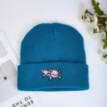 Blue knitted beanie for autumn and winter, featuring a cute pink axolotl embroidery design. - Blue