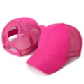 Hot pink ponytail baseball cap, mesh trucker hat with curved brim for women outdoor sports. - One Size Adjustable / Rose Red