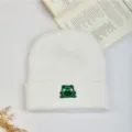 White knitted beanie for women and men, cute cartoon frog embroidery winter warm wool hat. - White
