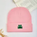 Cute pink knitted beanie hat with green frog embroidery warm winter wool cap for women and men - Pink