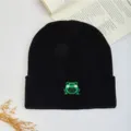 Cute frog embroidered black knitted beanie winter warm skull cap casual student hat. - Black