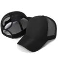 Black ponytail baseball cap with breathable mesh, curved brim, perfect for outdoor sports. - One Size Adjustable / Black