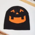 Berretto in maglia nera con viso di zucca arancione, cappello caldo autunnale e invernale. - Nero Arancio