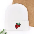 White knit beanie winter warm hat with cute strawberry embroidery, casual pullover style. - Cooling Cap with Strawberry Embroidery - White