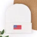 White Knitted Beanie Hat Winter Warm Skully Cap with US Flag Patch for Women and Men - MGGQ Cooling Cap - White
