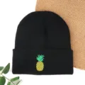 Black knitted beanie hat with cute yellow and green pineapple embroidery for autumn winter warmth. - Cooling Cap with Pineapple Embroidery - Black