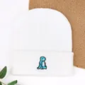White knitted beanie for women and men, featuring cute blue dinosaur embroidery, warm winter hat. - Cooling Cap with Little Blue Dragon Embroidery - White