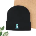 Black knit beanie winter warm hat with cute blue dinosaur embroidery for women and men. - Cooling Cap with Little Blue Dragon Embroidery - Black