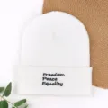Solid white winter knitted beanie hat, warm pullover wool cap for men and women stylish. - Cooling Cap with Freedom Embroidery - White