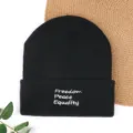 Black knitted beanie hat with embroidered text, warm winter pullover cap for men and women. - Cooling Cap with Freedom Embroidery - Black
