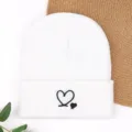 White knitted beanie winter hat for women and men, warm solid color cap with cute black heart. - Cooling Cap with Double Hearts Embroidery - White