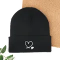 Black knitted beanie hat with cute white embroidered heart pattern for women winter warm daily wear - Cooling Cap with Double Hearts Embroidery - Black