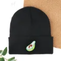 Black Knitted Beanie Hat with Cute Avocado Embroidery Winter Warm Unisex Skull Cap - Avocado Embroidered Beanie - Black