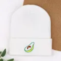 White knitted beanie hat featuring cute avocado embroidery, cozy winter warm pullover cap. - Avocado Embroidered Beanie - White