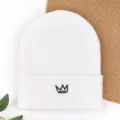 White knitted beanie for women and men, autumn and winter warm solid color skull cap with crown. - Crown Embroidered Beanie - White