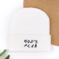 White knitted beanie hat for women and men, solid color winter warm skull cap variant. - GOD Embroidered Beanie - White