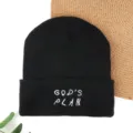Black knitted beanie hat for women and men, warm winter wool skull cap with embroidery. - GOD Embroidered Beanie - Black