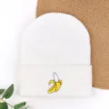 White knitted beanie hat for women men, winter warm skull cap with cute banana embroidery. - Banana Embroidered Beanie - White