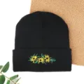 Black knitted beanie hat with cute sunflower embroidery, warm winter pullover cap for women men. - Three Daisies Embroidered Beanie - Black