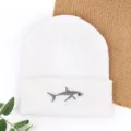 Solid color knitted beanie with grey shark embroidery, warm winter pull-on hat for men and women. - Fish Embroidered Beanie - White