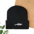 Black knitted beanie hat with stylish shark embroidery, warm winter skull cap for daily wear - Fish Embroidered Beanie - Black