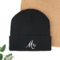 Black knitted beanie hat for women and men, autumn winter warm solid color pullover cap. - MW Embroidered Beanie - Black