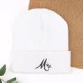 White knitted winter beanie hat for women and men, cozy thermal warm casual pull-on hat. - MW Embroidered Beanie - White