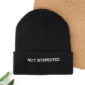 Black knitted beanie hat with white embroidered letter quote, winter warm wool pullover cap. - NOT Embroidered Beanie - Black