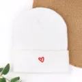 White knitted beanie winter warm slouchy hat with cute red embroidered heart for women daily wear - Red Heart Embroidered Beanie - White