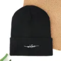 Black knitted beanie hat for winter, warm pullover wool cap with white embroidery style. - Embroidered "adetacs" Winter Beanie - Black