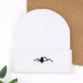 White knit beanie hat for women men winter warm solid color mountain embroidered pullover cap - Embroidered Mountain & Trees Winter Beanie - White