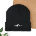Black knitted beanie winter warm wool cap for men and women mountain embroidery outdoor style - Embroidered Mountain & Trees Winter Beanie - Black