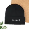 Black knitted beanie hat for winter, warm pull-on cap with CHANCE embroidery design. - Embroidered "CHANCE" Winter Beanie - Black