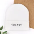 White knitted beanie hat for women and men, winter warm slouchy skull cap with Chance embroidery. - Embroidered "CHANCE" Winter Beanie - White