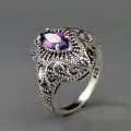 Vintage 925 silver purple cubic zirconia ring with intricate filigree detailed design. - Size 6 / Antique Silver Purple