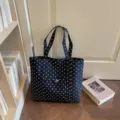 Sac cabas en toile à pois noirs et blancs, sac bandoulière décontracté pour femme - Noir
