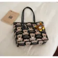 Joli sac cabas en toile avec imprimé d'ours en peluche et pendentif sac à main décontracté - Avec Pendentif / Noir