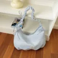 Blue and white striped canvas shoulder bag with ruffled strap, casual hobo tote for women. - No Pendant / Blue