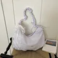Purple white striped canvas shoulder bag with lace bow cute casual commuter crossbody bag. - With Charm / Purple
