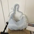 Blue white striped patchwork canvas shoulder bag with lace bow casual trendy commuter handbag - With Charm / Blue