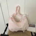Pink striped canvas shoulder bag with lace bow, casual chic trendy large capacity crossbody bag - With Charm / Pink