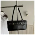 Black glossy shoulder bag for women, trendy minimalist underarm handbag with metal buckle. - Black