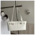 White PU leather underarm shoulder bag for women minimalist baguette handbag with buckle - White